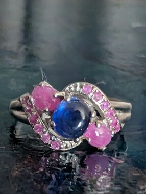 Natural Blue Sapphire Pink Sapphire Sterling Silver Ring Size 9